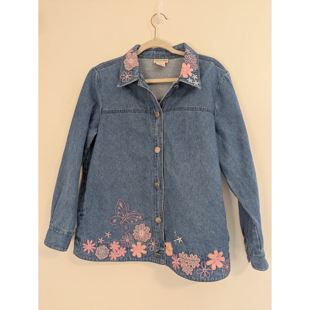 Toffee‎ Apple Womens Medium Blue Denim Jacket Floral Butterfly Embroidered Pink